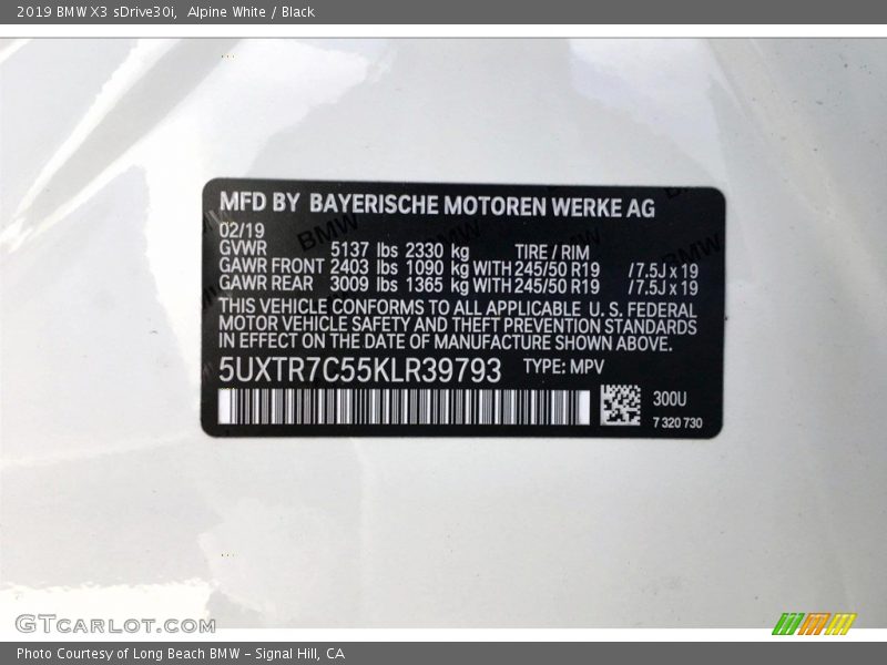 Alpine White / Black 2019 BMW X3 sDrive30i