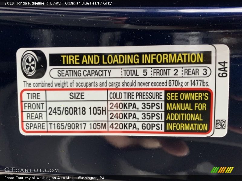 Obsidian Blue Pearl / Gray 2019 Honda Ridgeline RTL AWD