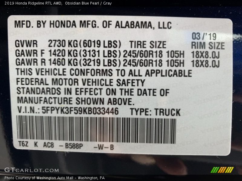 Obsidian Blue Pearl / Gray 2019 Honda Ridgeline RTL AWD