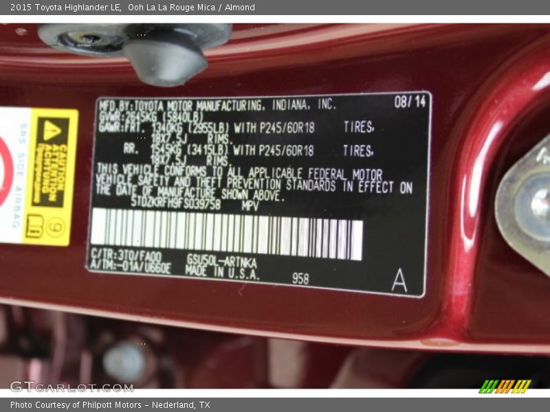 Ooh La La Rouge Mica / Almond 2015 Toyota Highlander LE