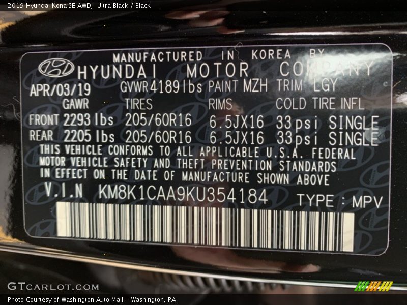 2019 Kona SE AWD Ultra Black Color Code MZH