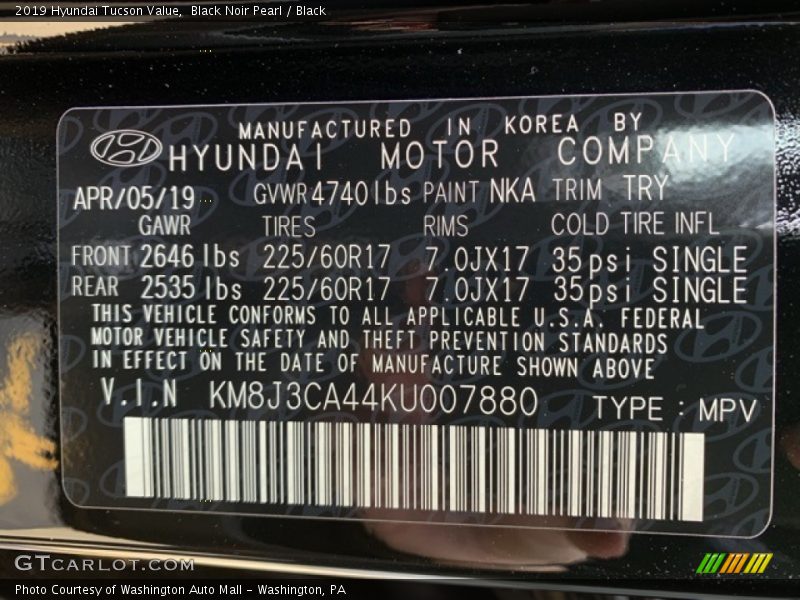 Black Noir Pearl / Black 2019 Hyundai Tucson Value