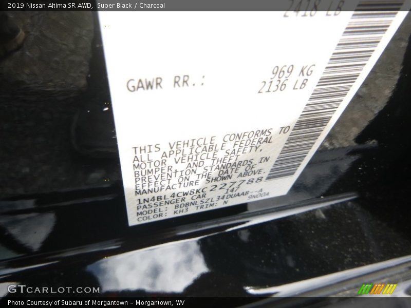 2019 Altima SR AWD Super Black Color Code KH3