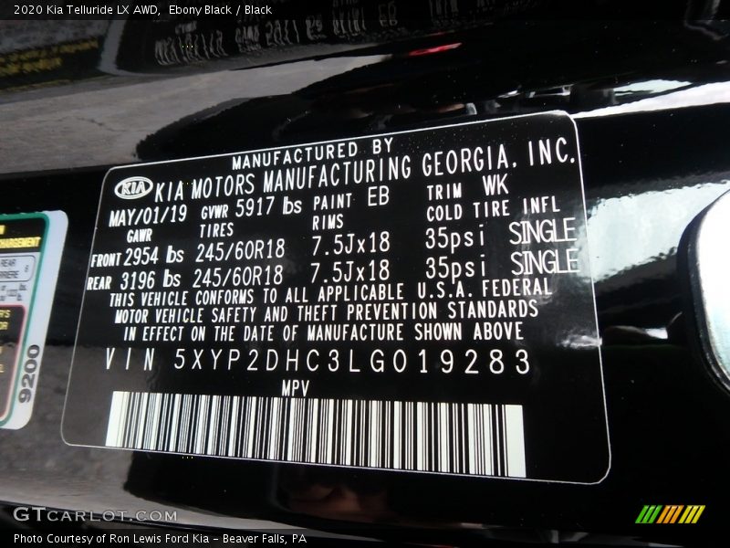 2020 Telluride LX AWD Ebony Black Color Code EB