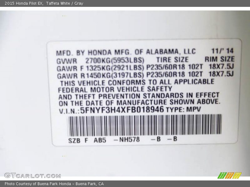 Taffeta White / Gray 2015 Honda Pilot EX