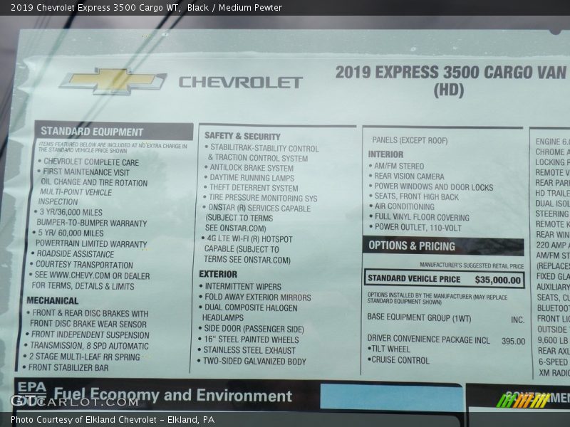  2019 Express 3500 Cargo WT Window Sticker