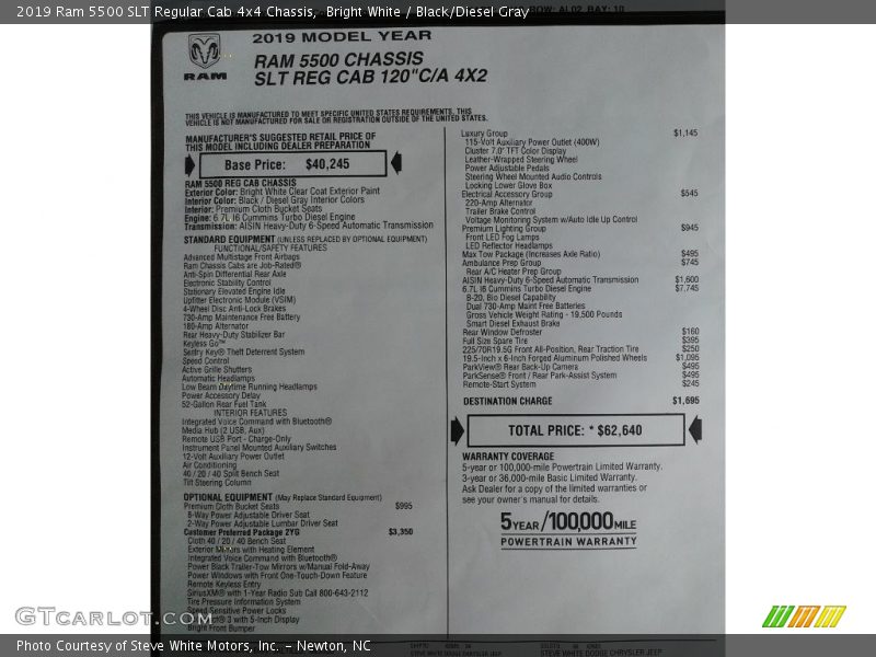Bright White / Black/Diesel Gray 2019 Ram 5500 SLT Regular Cab 4x4 Chassis