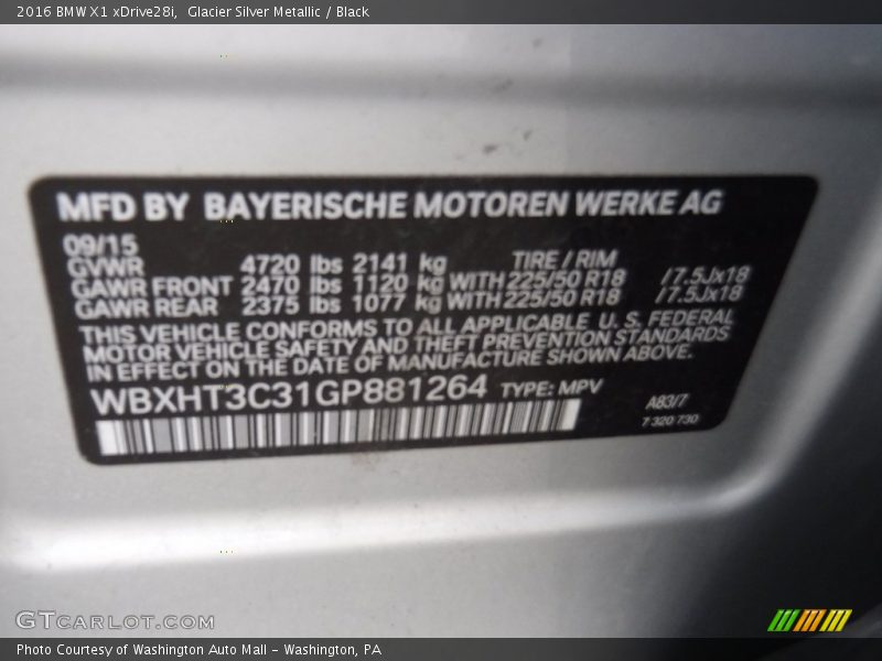 Glacier Silver Metallic / Black 2016 BMW X1 xDrive28i