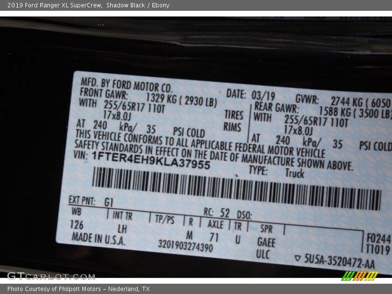 2019 Ranger XL SuperCrew Shadow Black Color Code G1