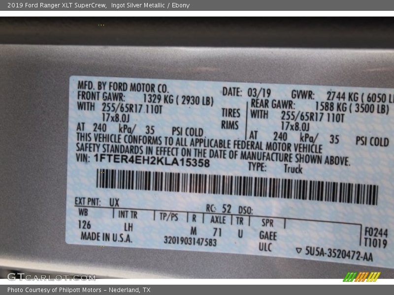 2019 Ranger XLT SuperCrew Ingot Silver Metallic Color Code UX