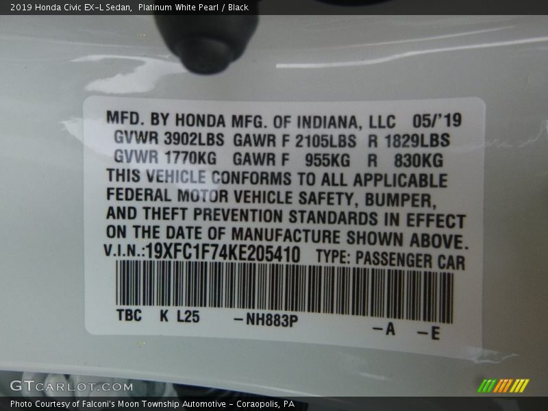 2019 Civic EX-L Sedan Platinum White Pearl Color Code NH883P