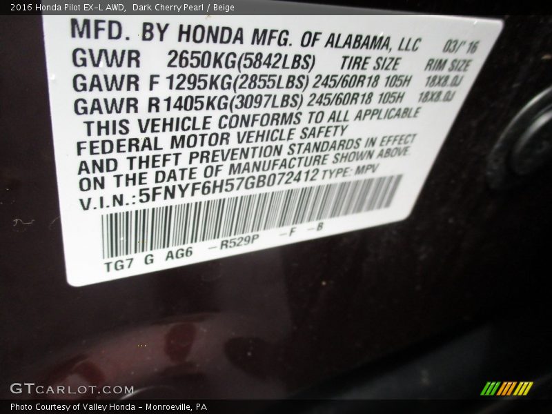 Dark Cherry Pearl / Beige 2016 Honda Pilot EX-L AWD