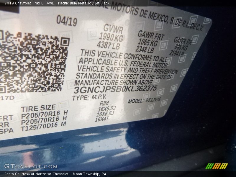 Pacific Blue Metallic / Jet Black 2019 Chevrolet Trax LT AWD