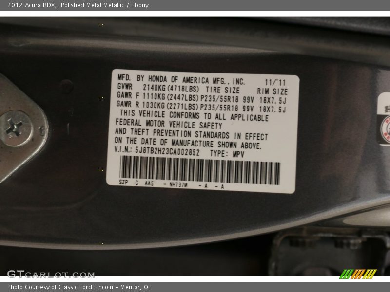 Polished Metal Metallic / Ebony 2012 Acura RDX