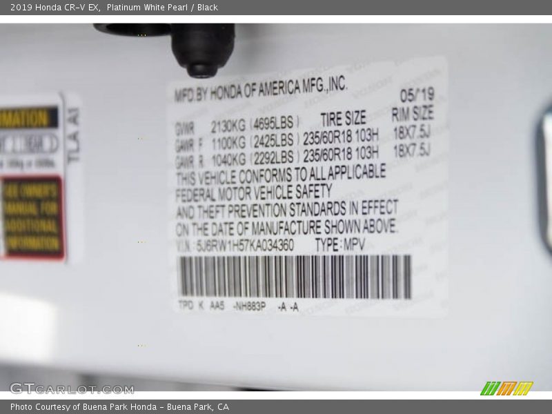 Platinum White Pearl / Black 2019 Honda CR-V EX