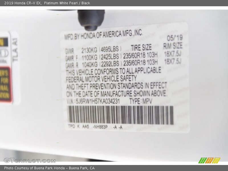 Platinum White Pearl / Black 2019 Honda CR-V EX