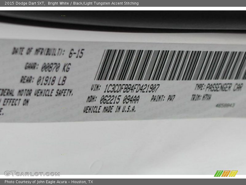 Bright White / Black/Light Tungsten Accent Stitching 2015 Dodge Dart SXT