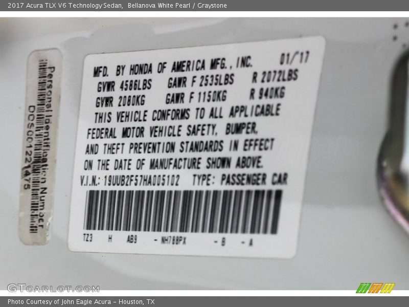Bellanova White Pearl / Graystone 2017 Acura TLX V6 Technology Sedan
