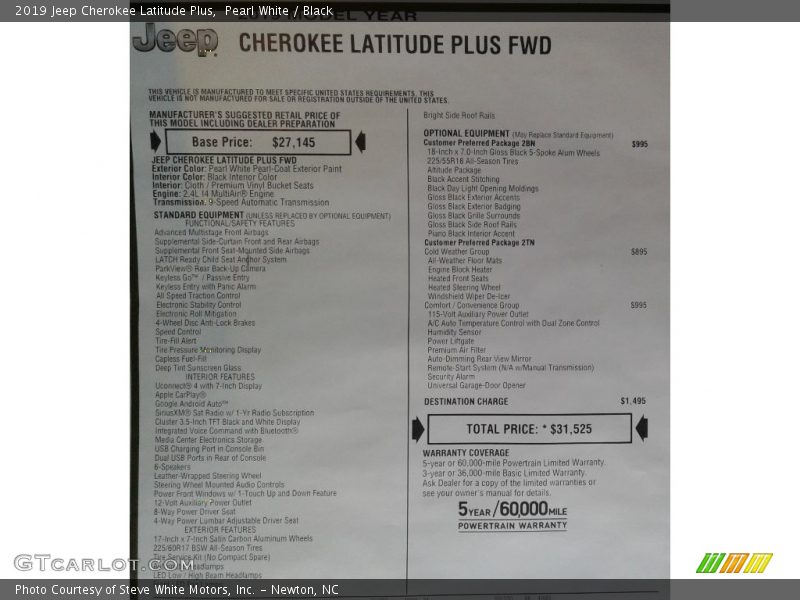 Pearl White / Black 2019 Jeep Cherokee Latitude Plus