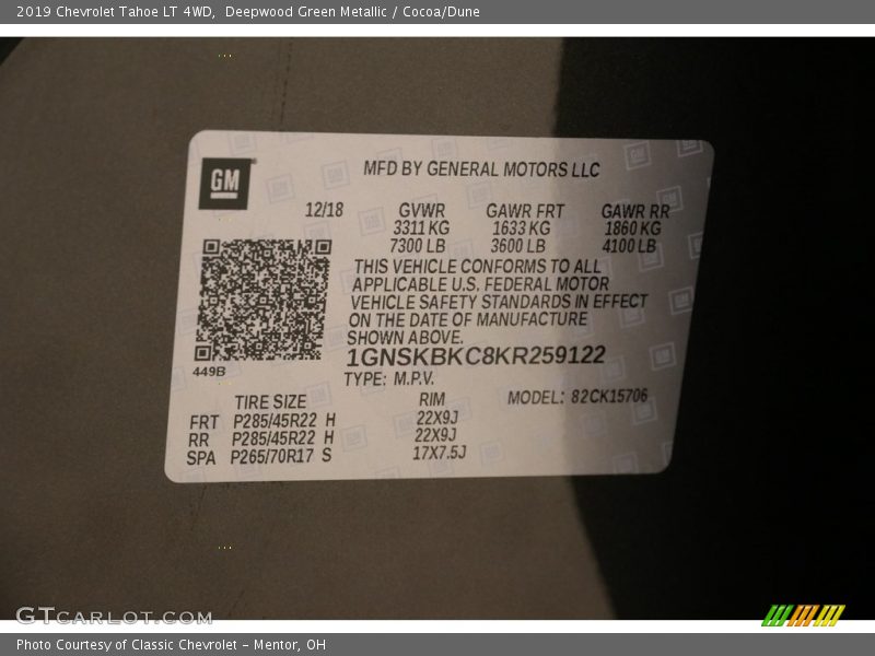 Deepwood Green Metallic / Cocoa/Dune 2019 Chevrolet Tahoe LT 4WD