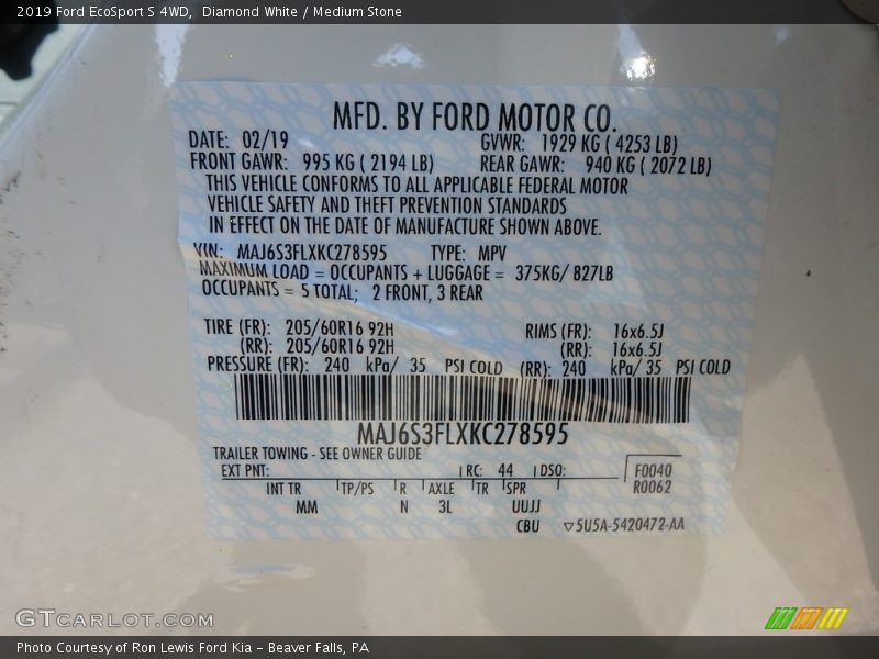 Diamond White / Medium Stone 2019 Ford EcoSport S 4WD