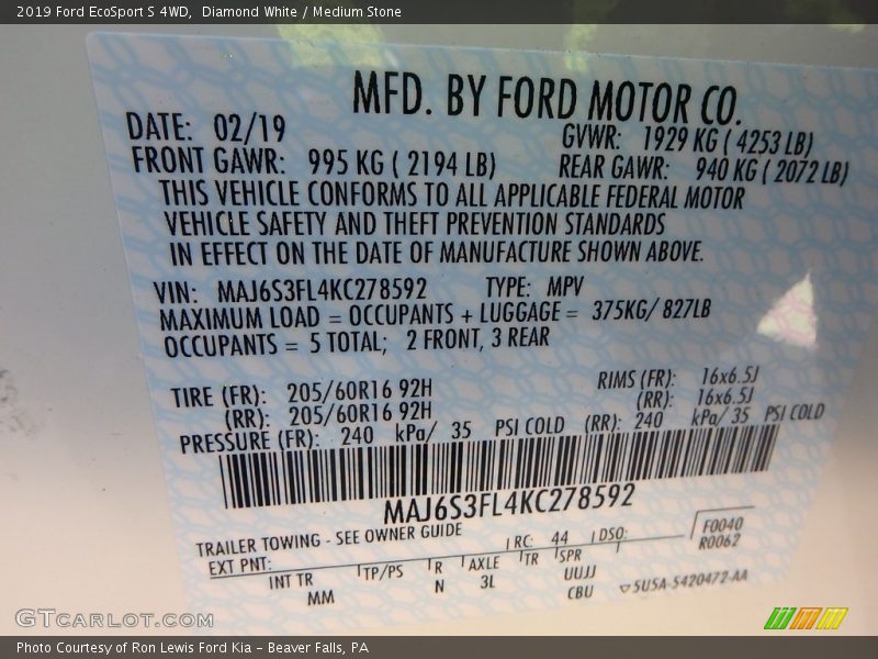 Diamond White / Medium Stone 2019 Ford EcoSport S 4WD