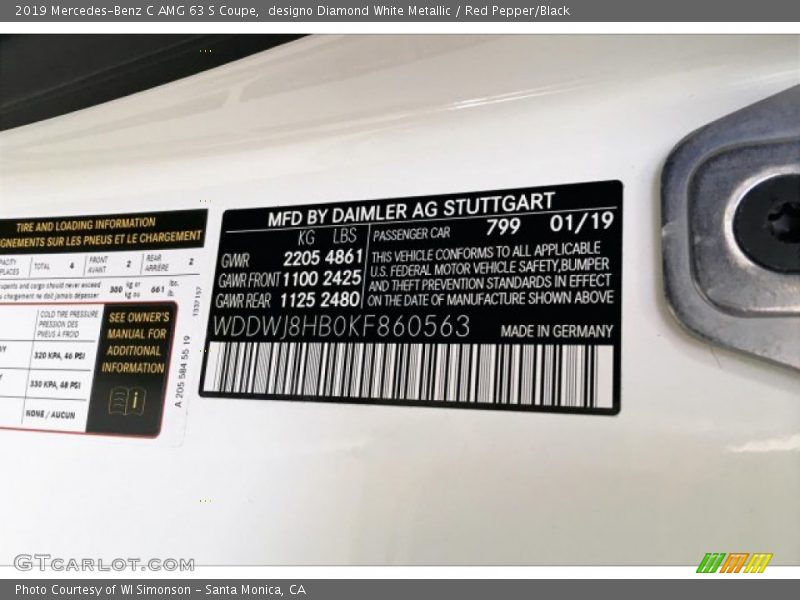 2019 C AMG 63 S Coupe designo Diamond White Metallic Color Code 799