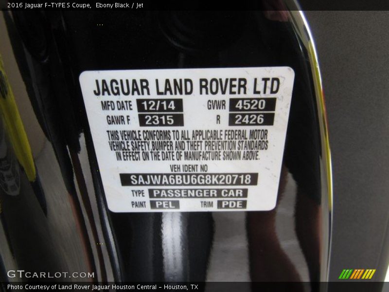 Ebony Black / Jet 2016 Jaguar F-TYPE S Coupe