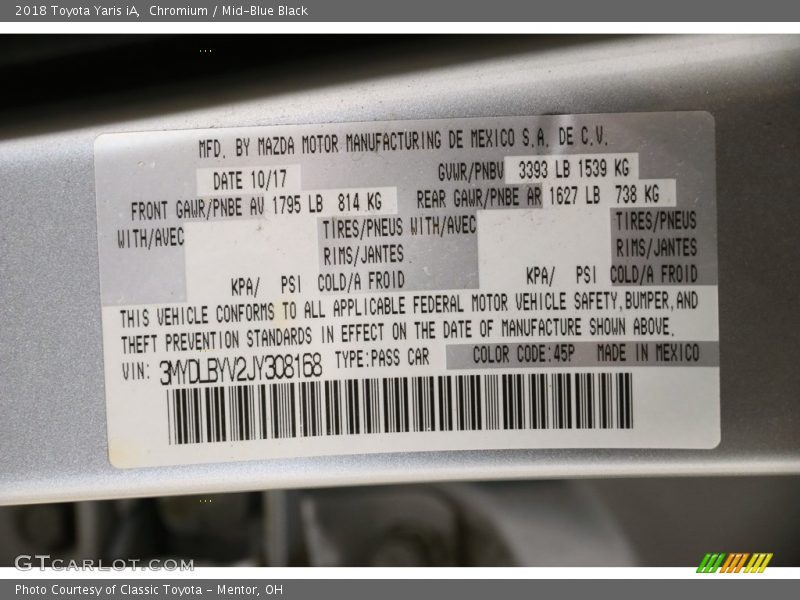 Chromium / Mid-Blue Black 2018 Toyota Yaris iA