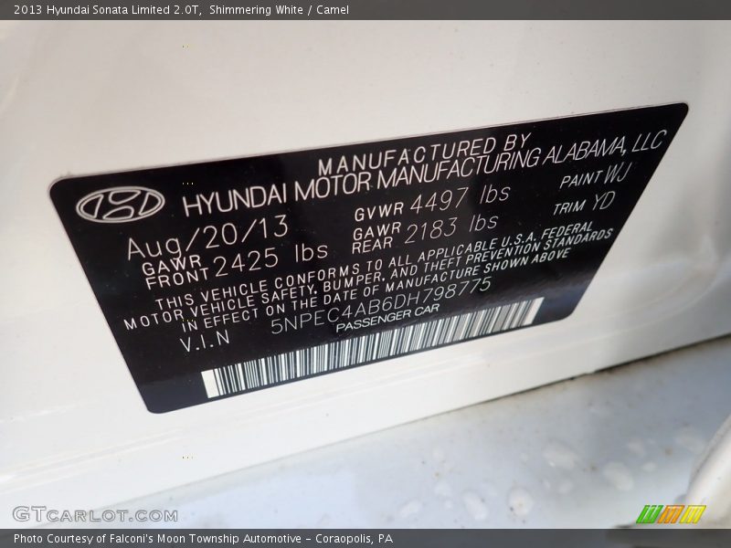 Shimmering White / Camel 2013 Hyundai Sonata Limited 2.0T