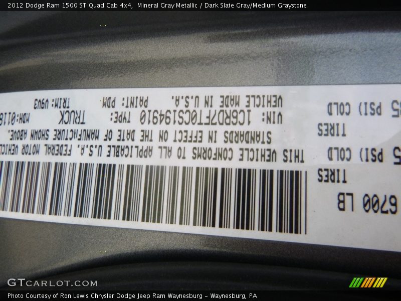 Mineral Gray Metallic / Dark Slate Gray/Medium Graystone 2012 Dodge Ram 1500 ST Quad Cab 4x4