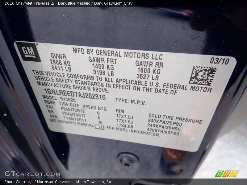 Dark Blue Metallic / Dark Gray/Light Gray 2010 Chevrolet Traverse LS