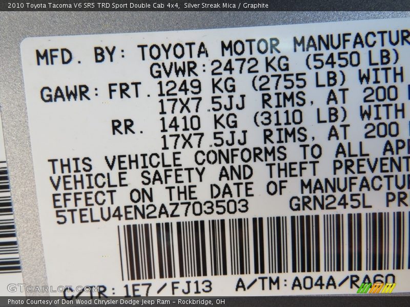 Silver Streak Mica / Graphite 2010 Toyota Tacoma V6 SR5 TRD Sport Double Cab 4x4