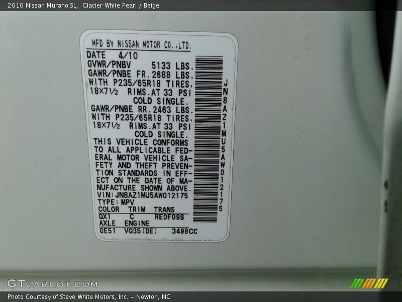 Glacier White Pearl / Beige 2010 Nissan Murano SL