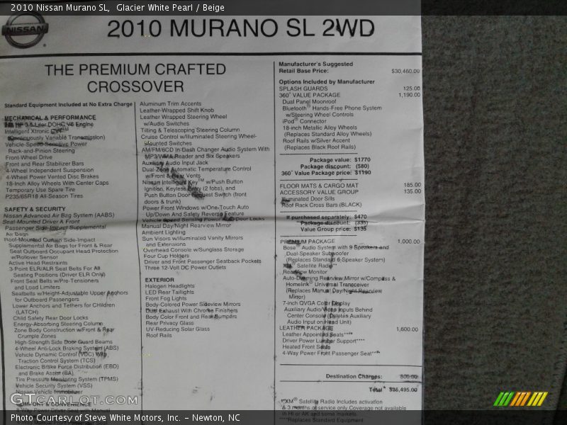 Glacier White Pearl / Beige 2010 Nissan Murano SL