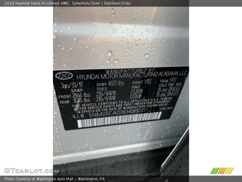 Symphony Silver / Espresso/Gray 2019 Hyundai Santa Fe Limited AWD