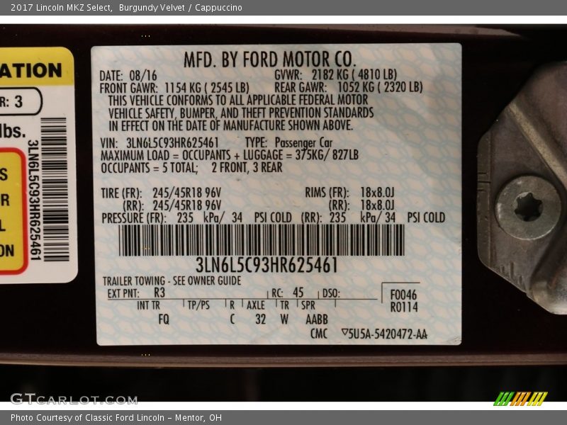 Burgundy Velvet / Cappuccino 2017 Lincoln MKZ Select