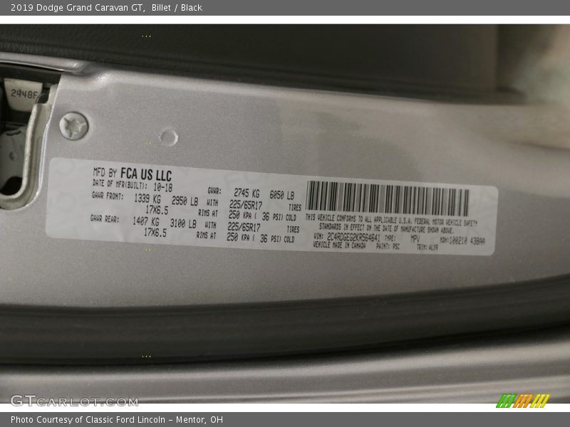 Billet / Black 2019 Dodge Grand Caravan GT