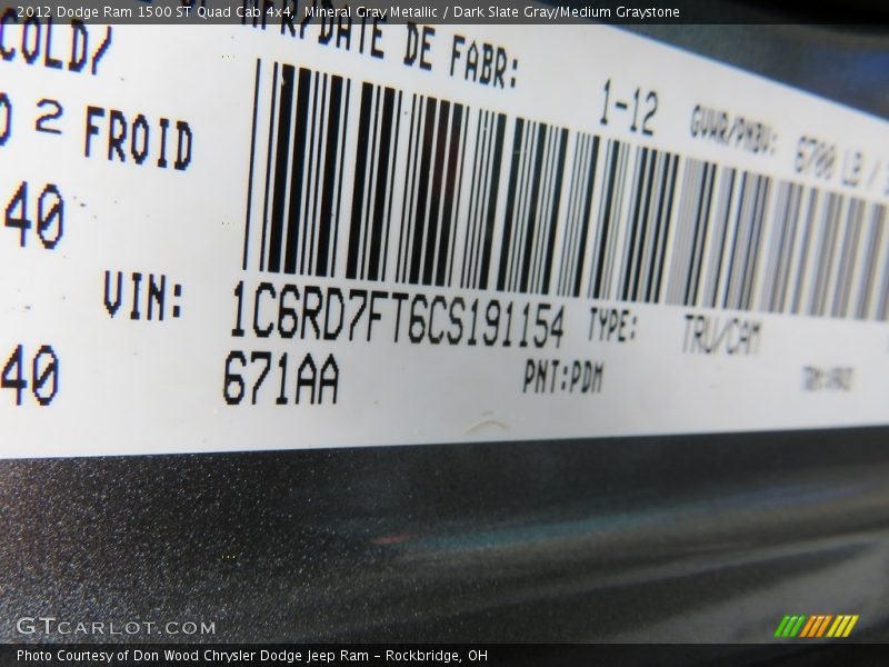 Mineral Gray Metallic / Dark Slate Gray/Medium Graystone 2012 Dodge Ram 1500 ST Quad Cab 4x4