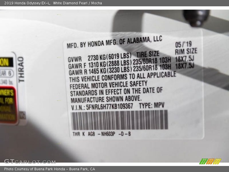 White Diamond Pearl / Mocha 2019 Honda Odyssey EX-L