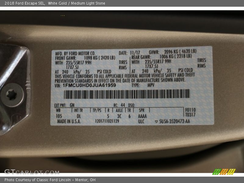 White Gold / Medium Light Stone 2018 Ford Escape SEL