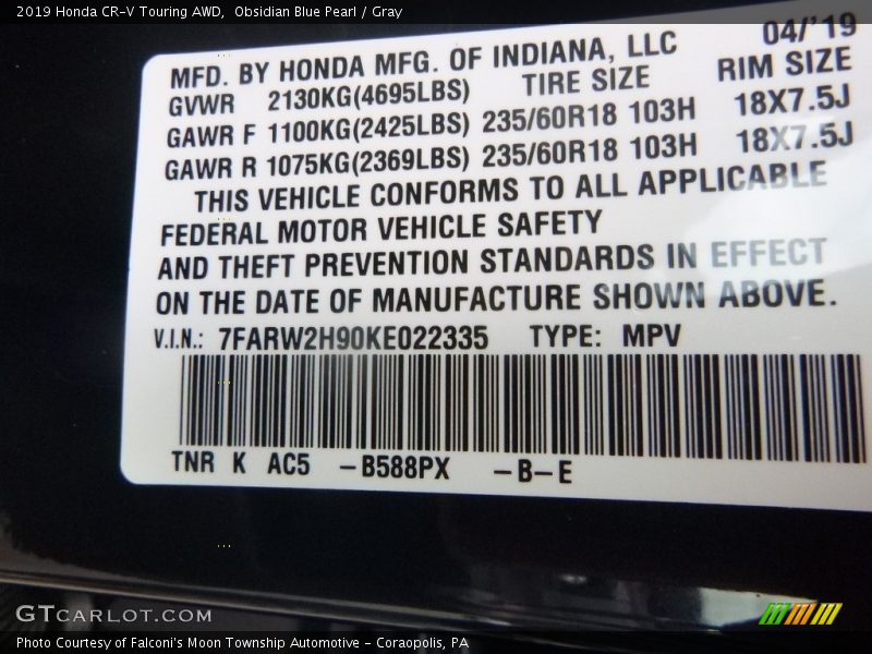 Obsidian Blue Pearl / Gray 2019 Honda CR-V Touring AWD