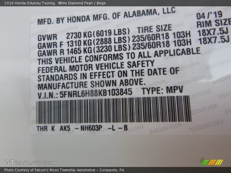 White Diamond Pearl / Beige 2019 Honda Odyssey Touring