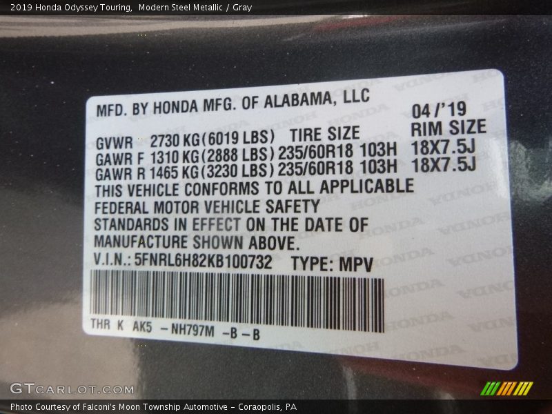 Modern Steel Metallic / Gray 2019 Honda Odyssey Touring