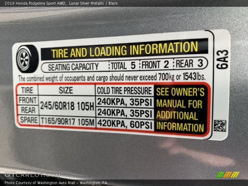 Info Tag of 2019 Ridgeline Sport AWD