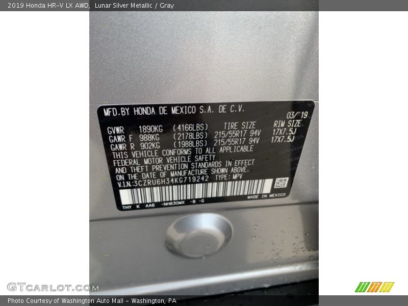 Lunar Silver Metallic / Gray 2019 Honda HR-V LX AWD