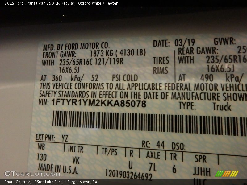 Oxford White / Pewter 2019 Ford Transit Van 250 LR Regular