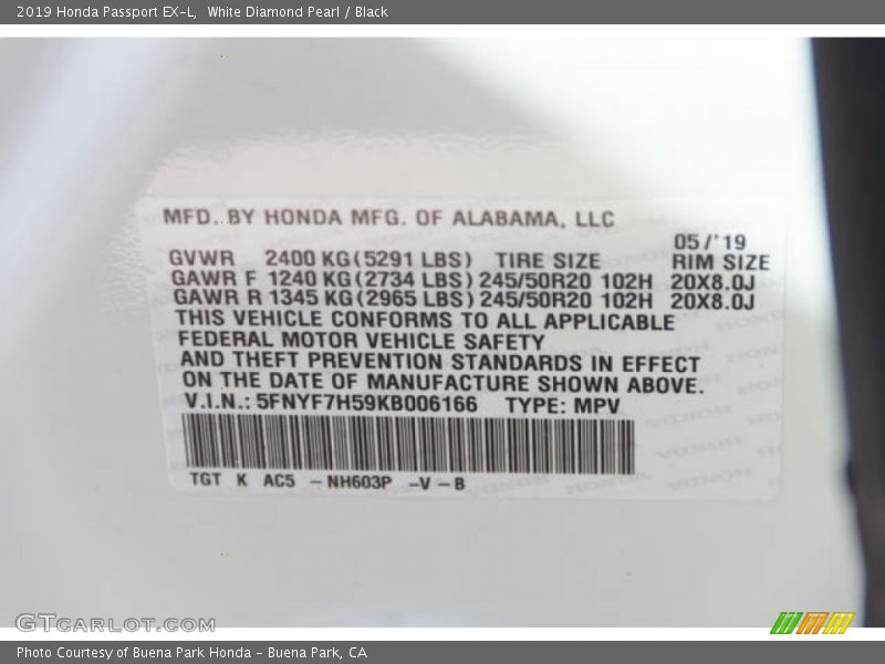 White Diamond Pearl / Black 2019 Honda Passport EX-L