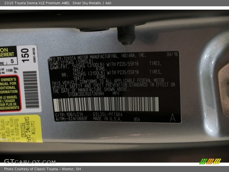 Silver Sky Metallic / Ash 2016 Toyota Sienna XLE Premium AWD