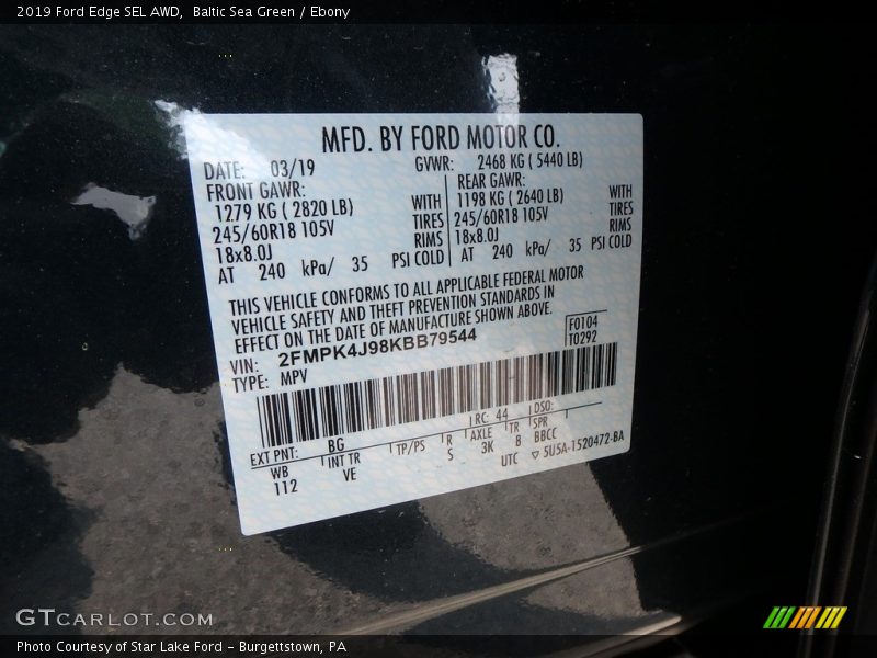 Baltic Sea Green / Ebony 2019 Ford Edge SEL AWD